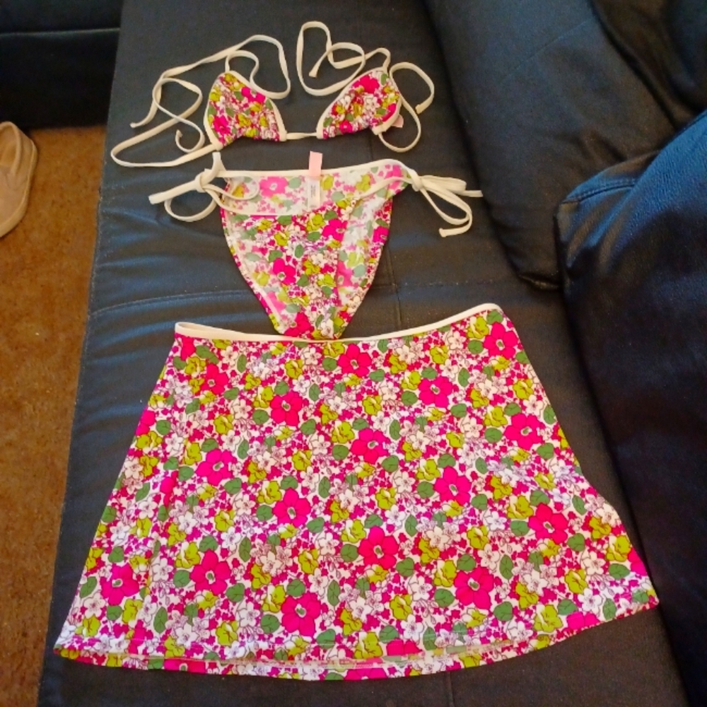FLOWERED STRING BIKINI WITH MATCHING SKIRT